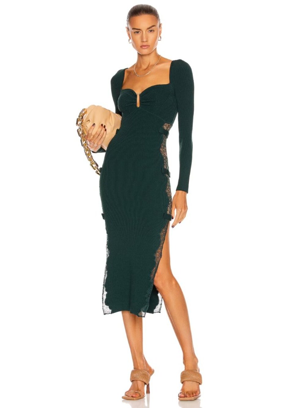 NWT Self-Portrait Deep Green Lace Panel Ribbed Knit Midi Dress M